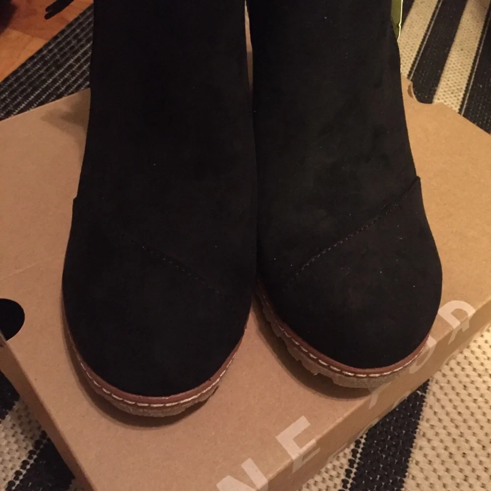 Toms Black Suede Wedge Ankle Boots with Tan Wedge
